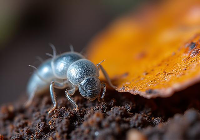 Macro shot of isopods and springtails on a humid forest floor