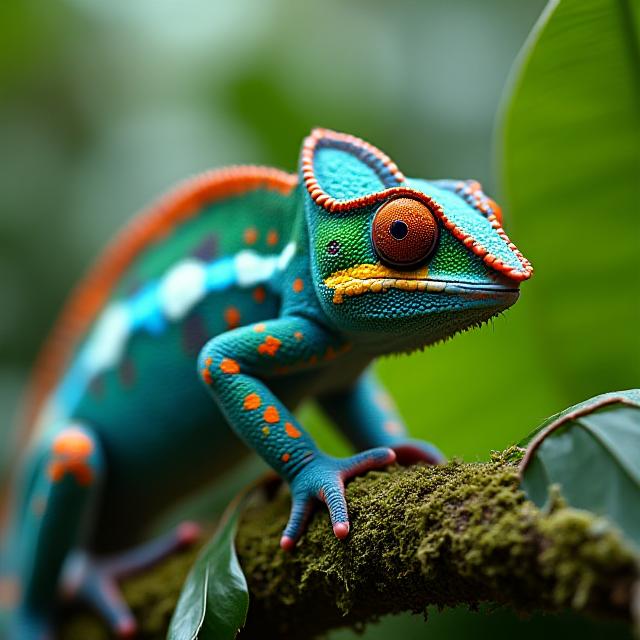 Colorful panther chameleon sitting on a lush vine