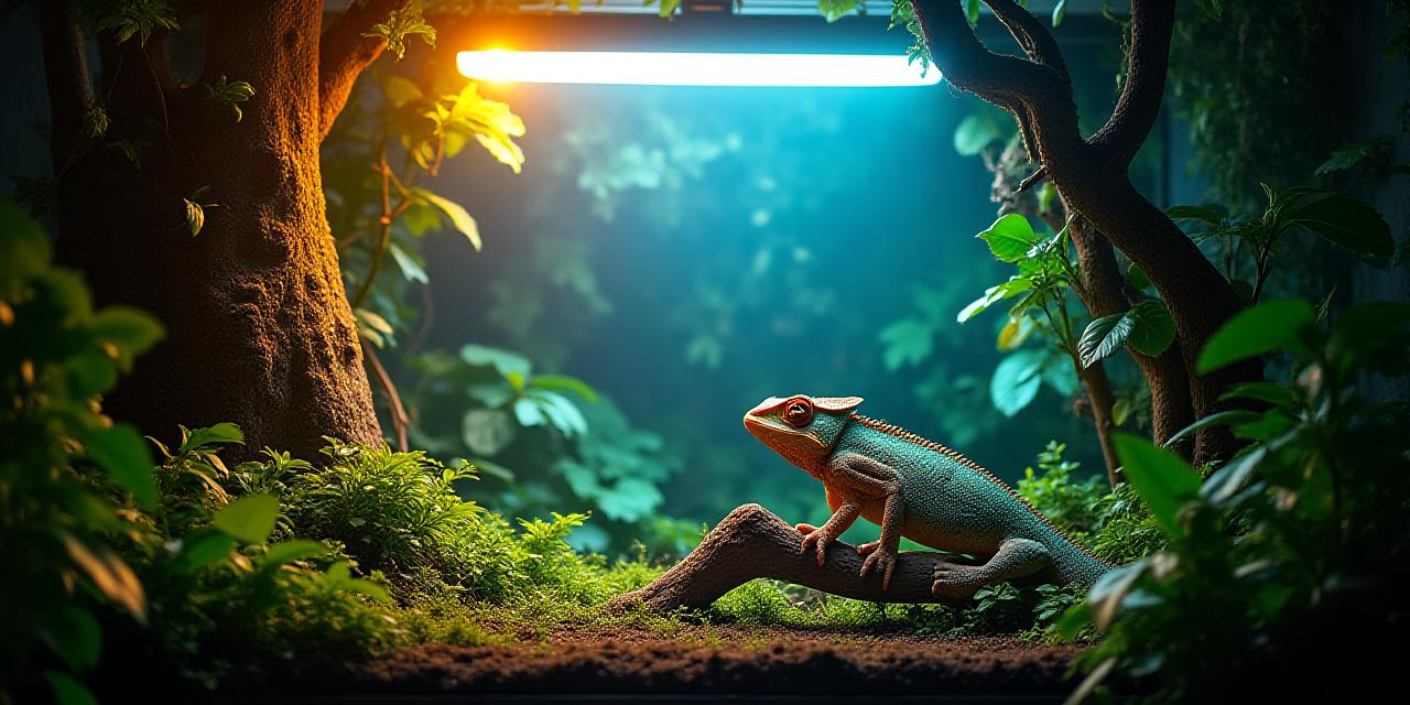 A beautifully lit tropical terrarium with a balanced UVB and heat setup