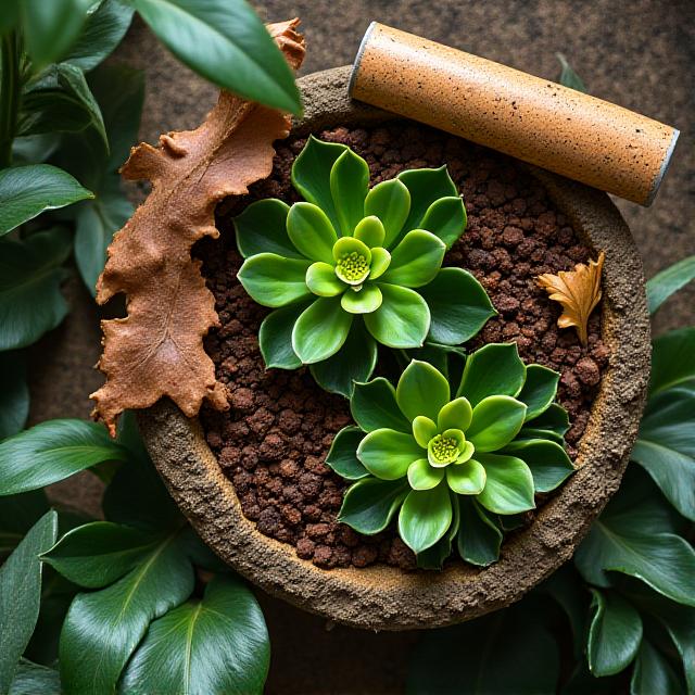 Natural cork bark tubes and assorted tropical terrarium plants