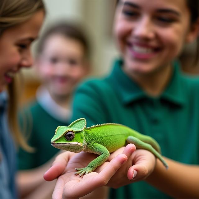 Happy visitor learning about a reptile